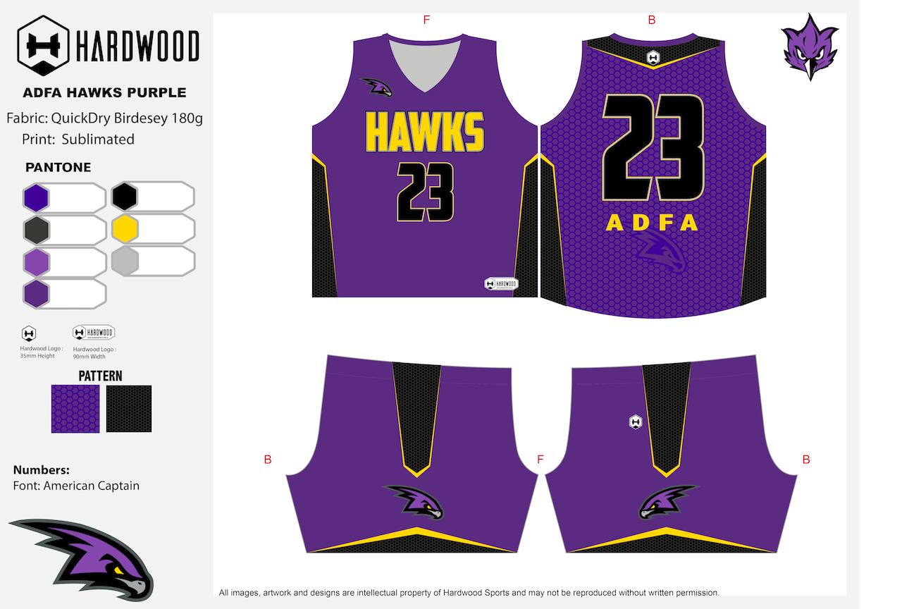 ADFA Hawks Basketball Purple Uniform Set